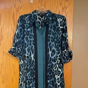 Long leopard and teal blouse with 3/4 sleeves
